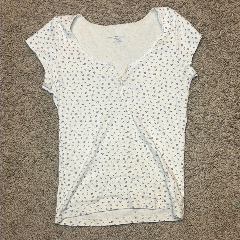Brandy Melville White Floral Print Button-Up T-Shirt